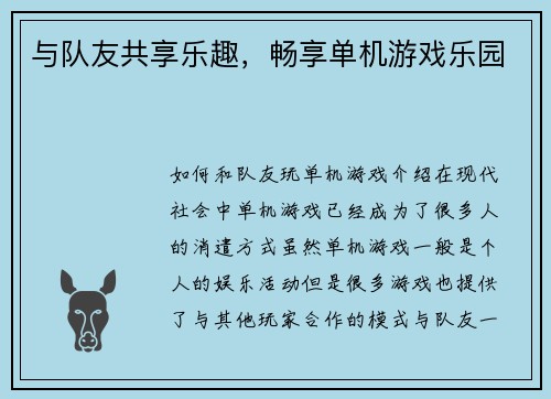 与队友共享乐趣，畅享单机游戏乐园